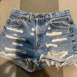 high waisted light wash denim shorts with rips